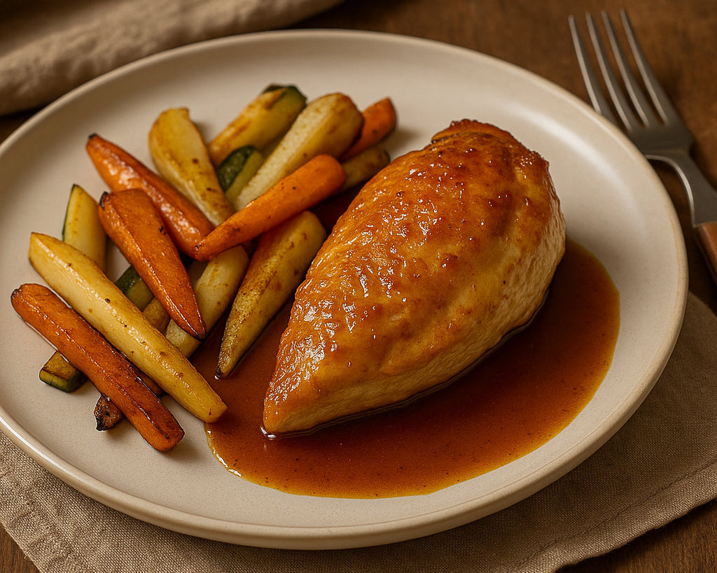 Rezept Woody - GEBRATENE HÄHNCHENBRUST MIT WOODY-ZITRONENJUS & OFENGEMÜSE