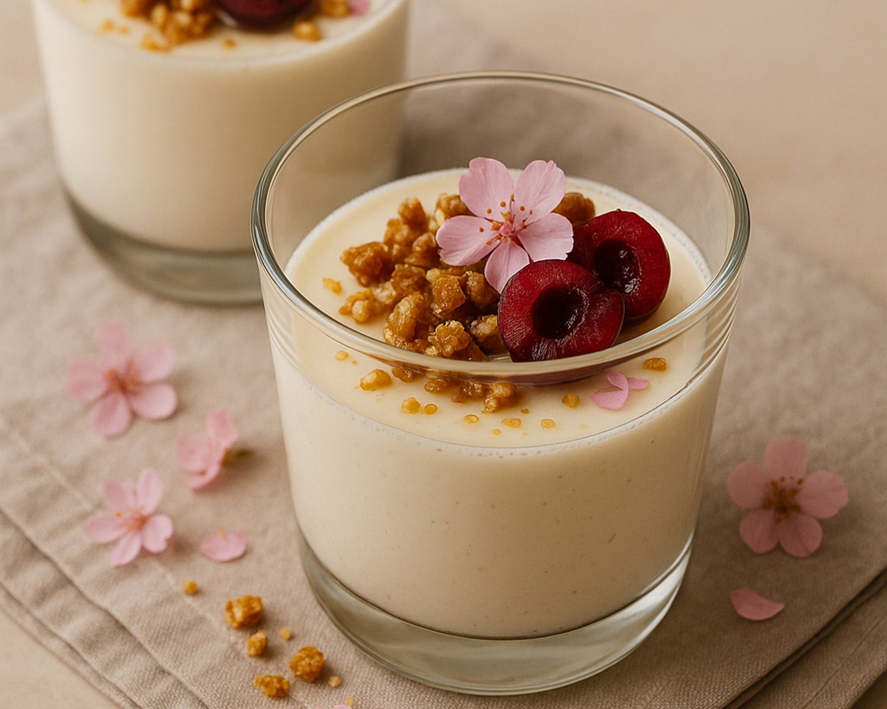 Kirschblueten-Panna-Cotta mit Mandel-Crunch