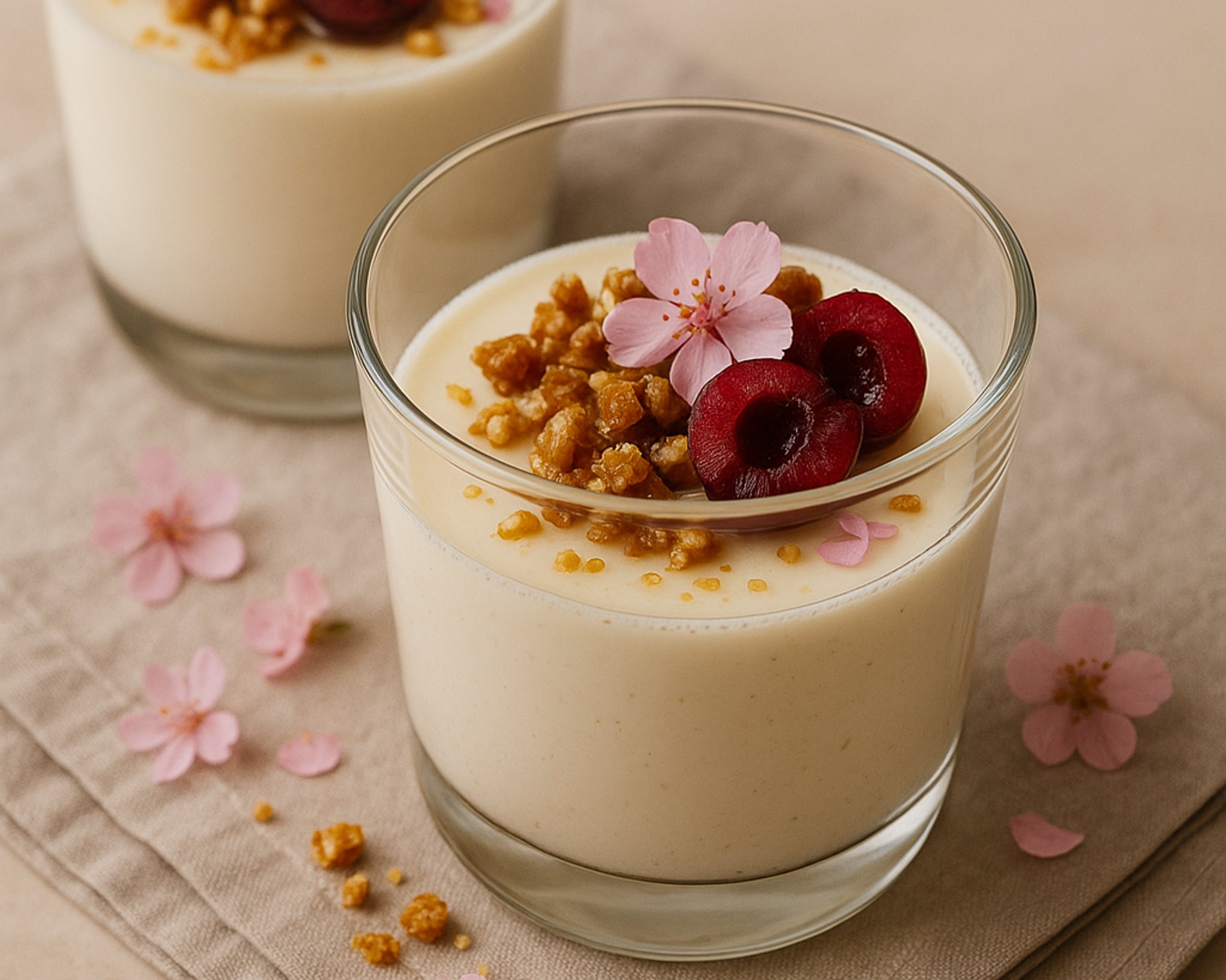 Kirschblueten-Panna-Cotta mit Mandel-Crunch